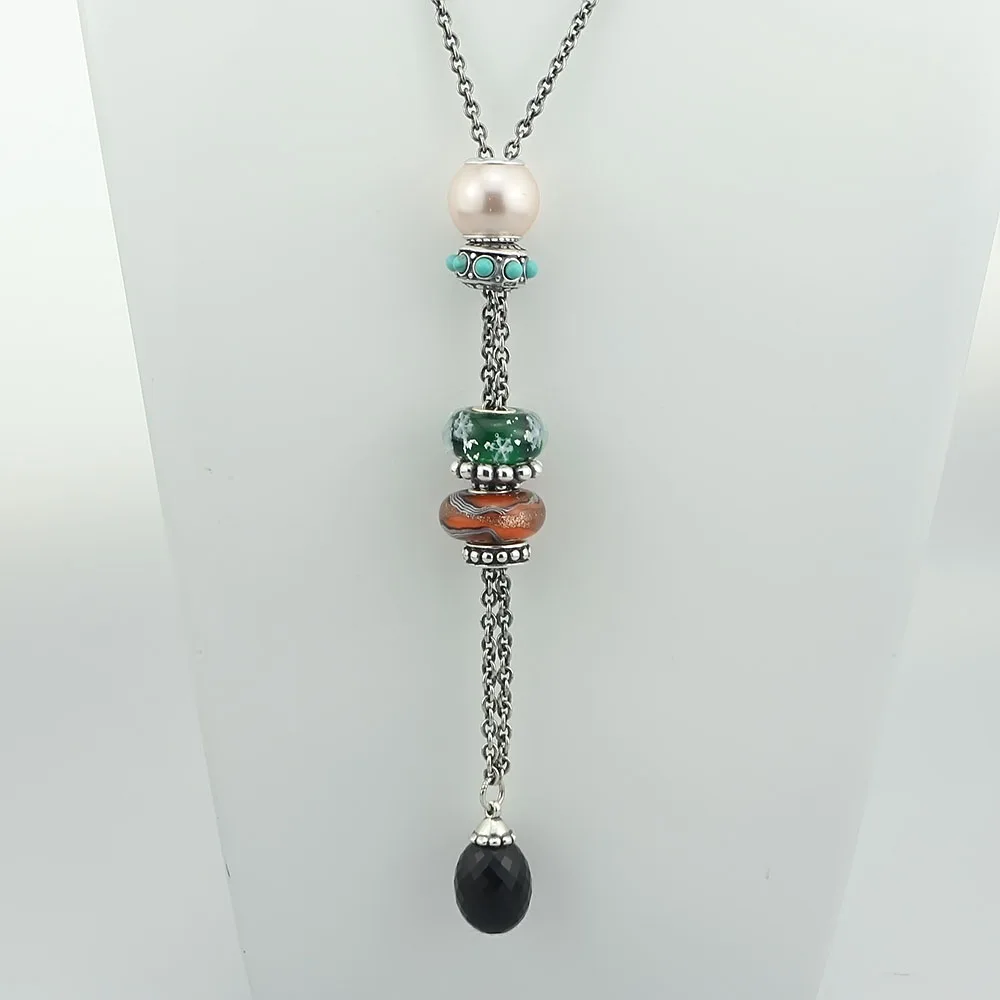 Black Agate Pendant Necklace Of Onyx Stones Fit Troll European Charms 925 Sterling Silver Beads DIY Jewelry Gift For Woman (1)