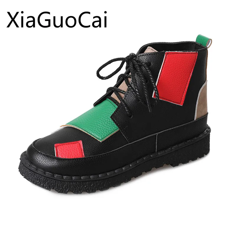 

Spring and Autumn Fashion Cross-tied Women Boots Pu Leather Mixed Colors Female Boots Round Toe Flat Boots