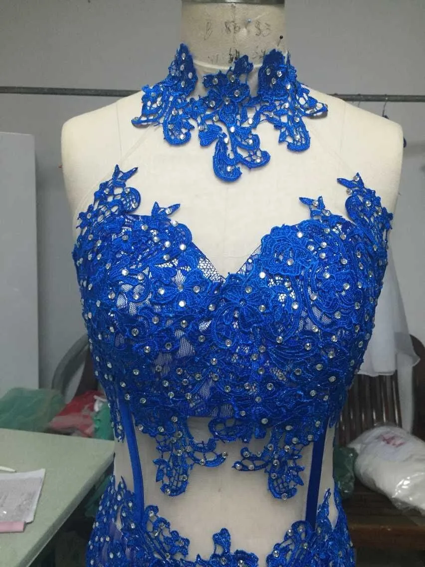Fotos reais azul real vestido de festa curto de renda com beading