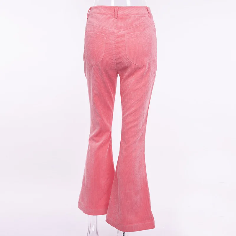Весенние вельветовые брюки с высокой талией, женские брюки-клеш, бархатные брюки с карманами на бедрах, женские розовые, синие уличные брюки, брюки-клеш