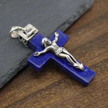 

925 Sterling Silver Jesus lapis lazuli Cross Prayer Pendant A2546