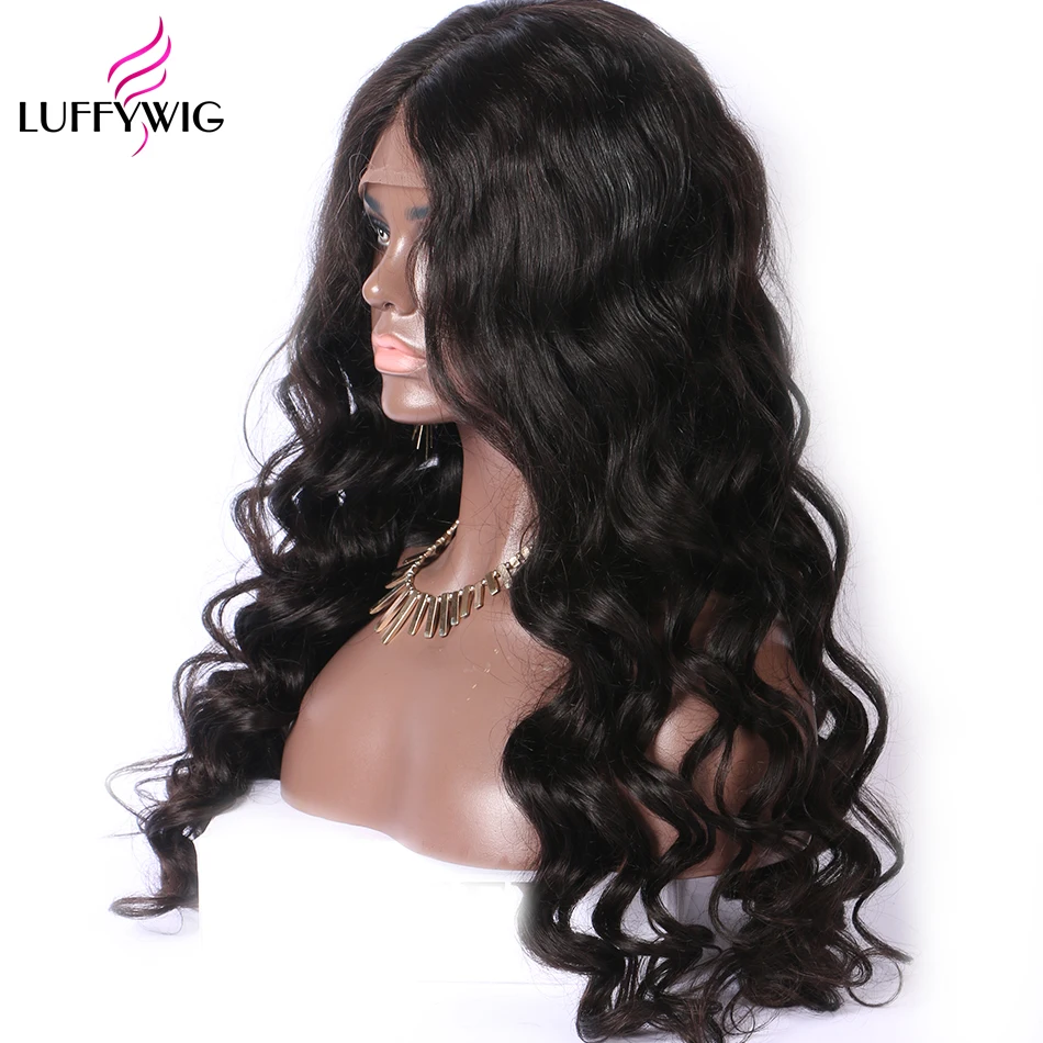 LUFFYHAIR 150% плотность волнистые 13x6 парик фронта шнурка Remy индийские человеческие волосы глубокий парик из натуральных черных предварительно сорванных детских волос