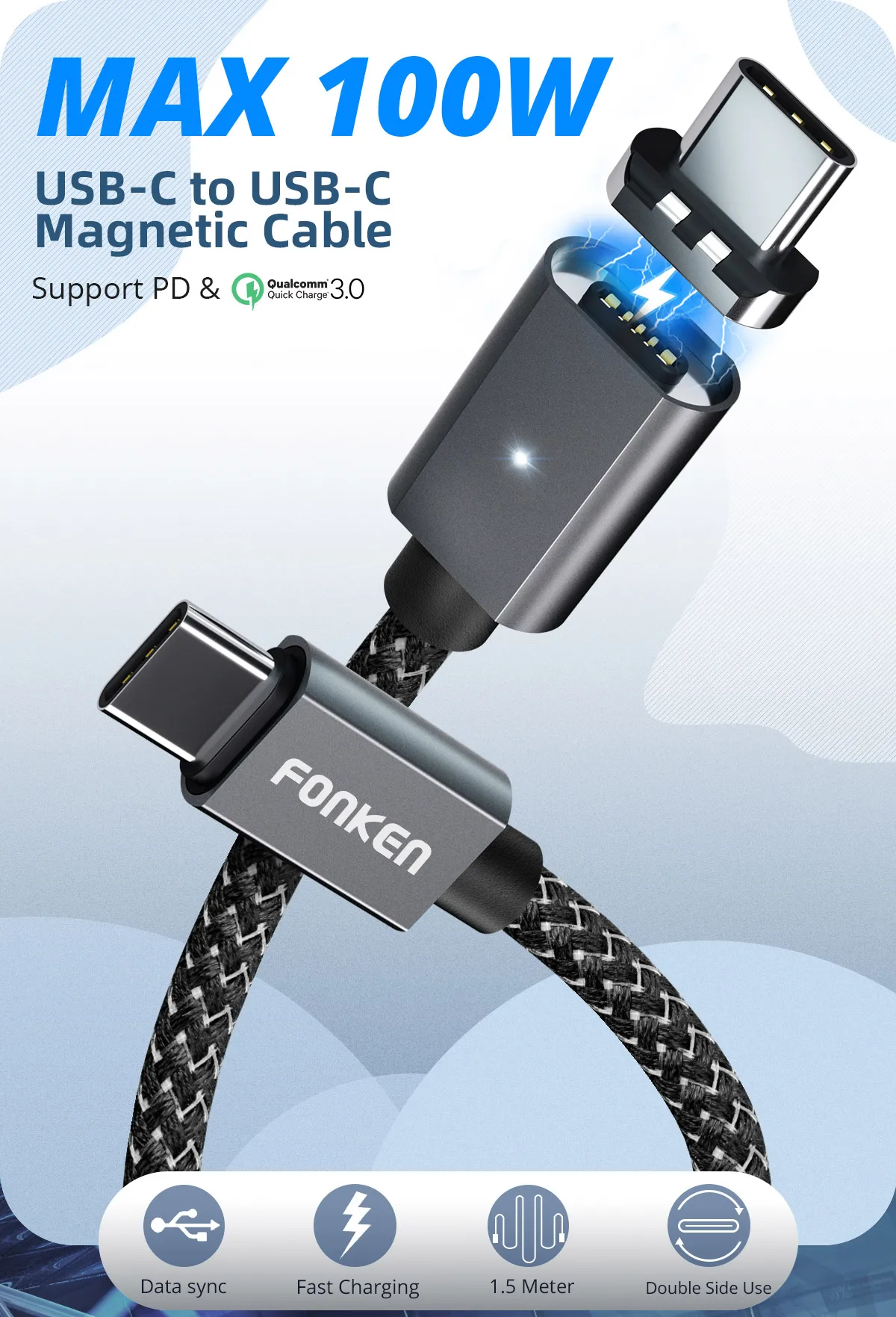 Магнитный кабель FONKEN usb type C 20 в 5A 100 Вт USB C к type-C быстрый заряд кабеля для телефона ноутбука зарядка PD шнур