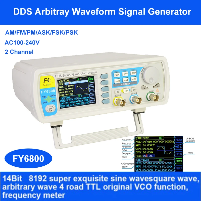

2019 New Upgraded FY6800 Series 60MHZ 2-channel DDS Arbitrary Signal Generator 250MSa/s 8192*14bits100MHz Frequency meter VCO