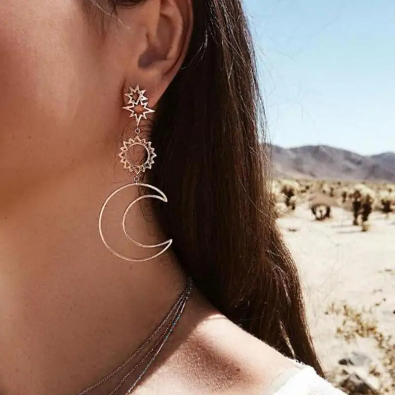 

Star Sun Moon Earring Long Dangle Earrings Bohemia Hollow Women's Stud Earrings Ear Jewelry Gift