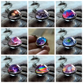 

2020 New Nebula Galaxy Double Sided Pendant Necklace Universe Planet Jewelry Glass Art Picture Handmade Statement Necklace
