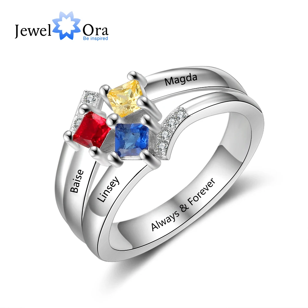 Personalized Name Ring with 3 Square Birthstones Real 925 Sterling Silver Rings for Women Custom Jewelry Gift(JewelOra RI103854) | Украшения