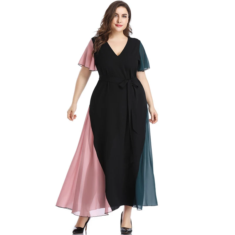 Летнее пляжное платье женское платье с v-образным вырезом и оборками с коротким рукавом Макси длинное платье размера плюс элегантное разноцветное шифоновое платье с поясом - Цвет: Черный