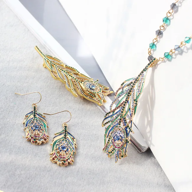 

Mosaic color crystal Enamel glaze peacock feathers brooch earrings necklace