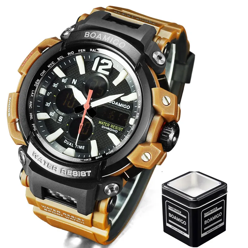 Бренд BOAMIGO, мужские спортивные цифровые аналоговые часы, мужские светодиодный часы с двойным временем, водонепроницаемые ударные наручные часы, мужские часы - Цвет: brown black box