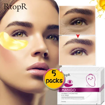 

10pcs=5packs Eye Patches Care Remove Wrinkle Dark Circle Puffiness Mango Vitamin C Hydrating Anti-Aging Eye Mask Skin Serum Gold