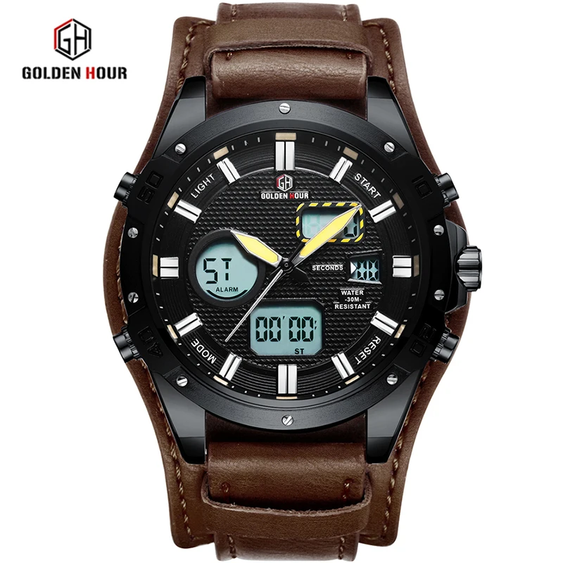

GOLDENHOUR Mens Sport Analog Digital Watches Outdoor Waterproof Big Case Military Wrist Watch Leather Quartz Male Clock