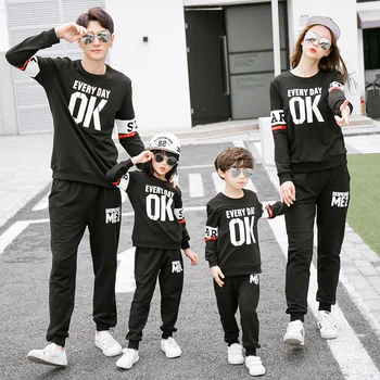 

Family Look Mommy and Me Clothes Father Son Clothing Outfits Sets OK Print Women Kids Children Sporting Suits Family Clothing