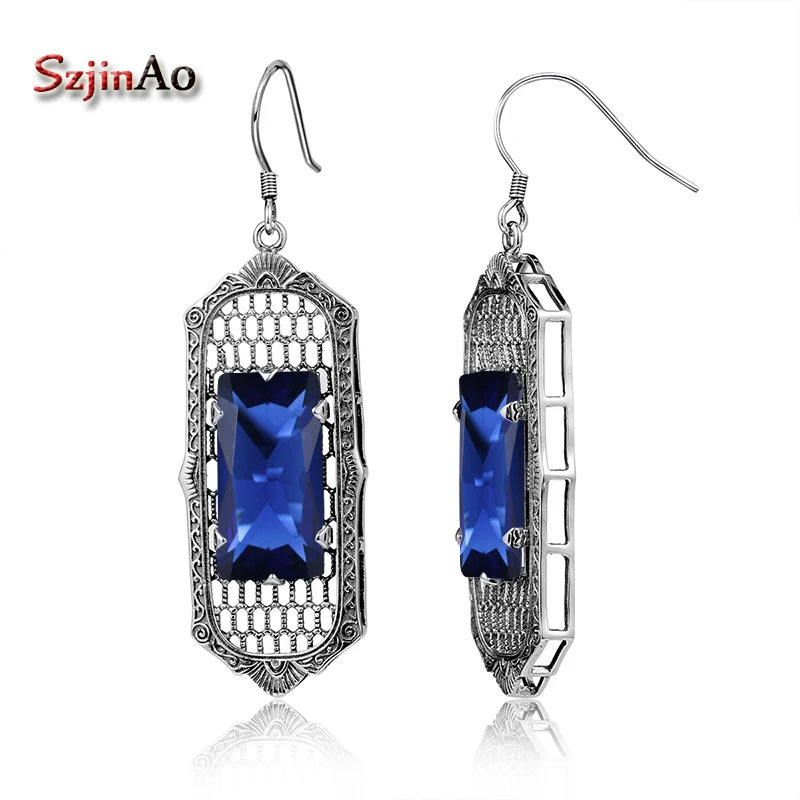 

Szjinao Fashion Royal 100% 925 Sterling Silver Earrings Ancient Silver With Sapphire Women Earrings Adorn Article