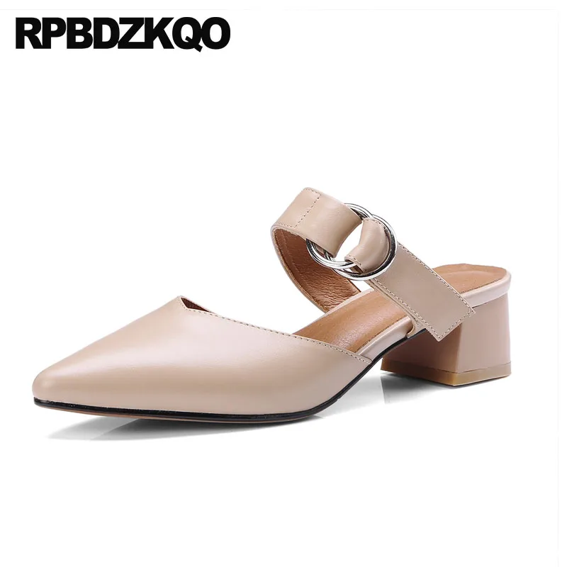 

Medium Heels Size 4 34 Block Summer Sandals Metal Slingback Pointed Toe Ladies Genuine Leather Shoes High Quality Mules Slipper