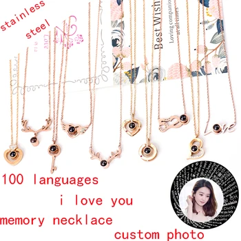 

Stainless Steel Women Necklace 100 Languages I Love You Memory Necklace Female Rose Gold Crystal house Pendant NecklacK jewelry