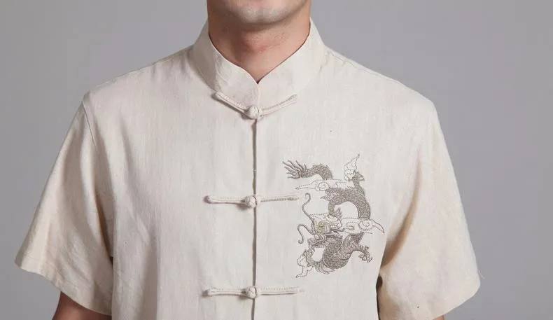 Черная Китайская традиционная Мужская льняная хлопковая рубашка Кунг-фу Рубашка Вышивка Дракон Топ s m andarin воротник s m L XL XXL XXXL