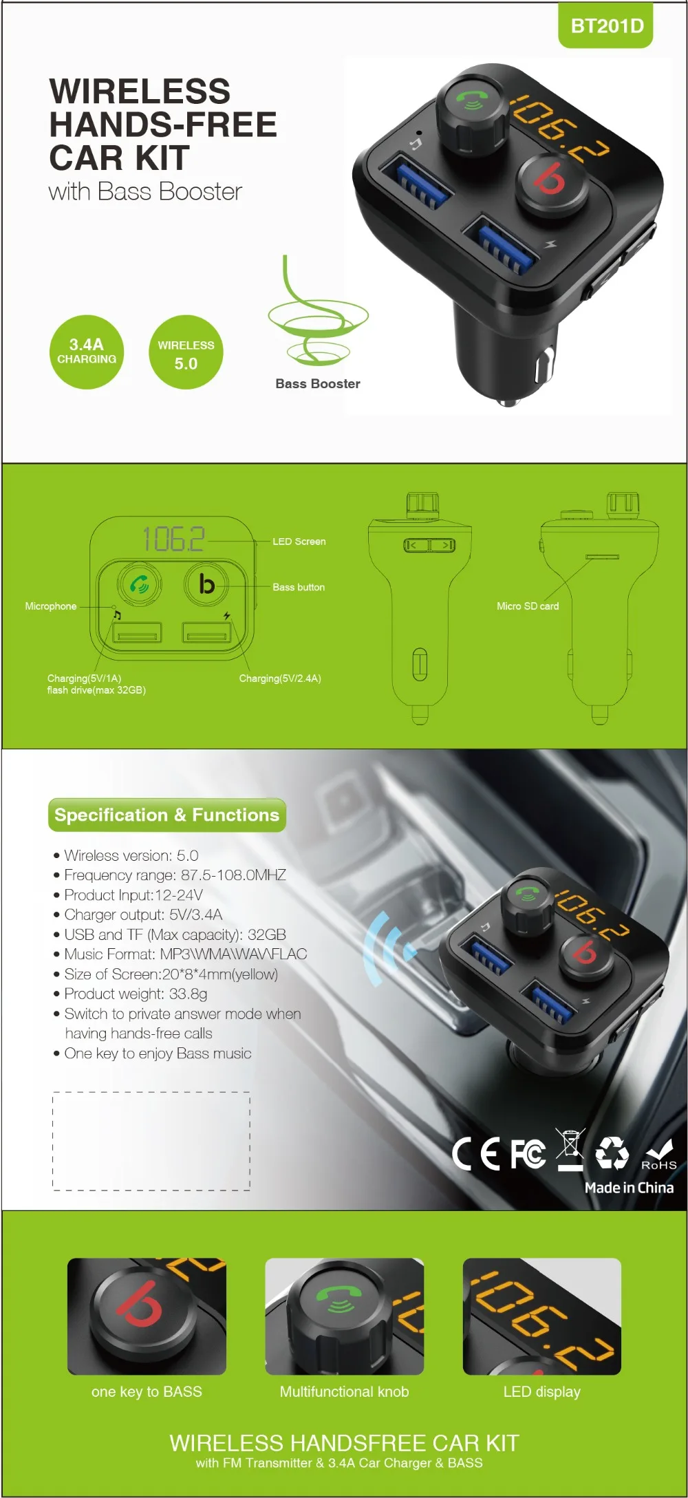 CDEN Bluetooth 5,0 приемник fm-передатчик Автомобильный MP3 музыкальный плеер USB Автомобильное зарядное устройство U диск TF карта без потерь Эквалайзер звуковой эффект стерео