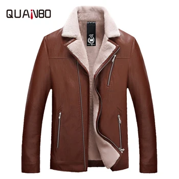 

QUANBO 2019 New Arrival Winter Mens Fur Wool Liner Leather Jacket Business Warm Thickening Fashion Suit collar Casual Fur Coat