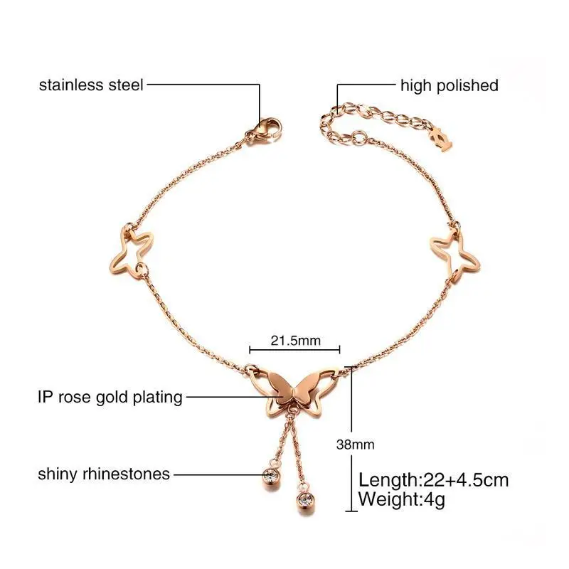 Красивый рабский ножной браслет с бабочкой для девочек, браслет-цепочка из розового золота, женские Стильные пляжные браслеты на ногу с пружинной пряжкой