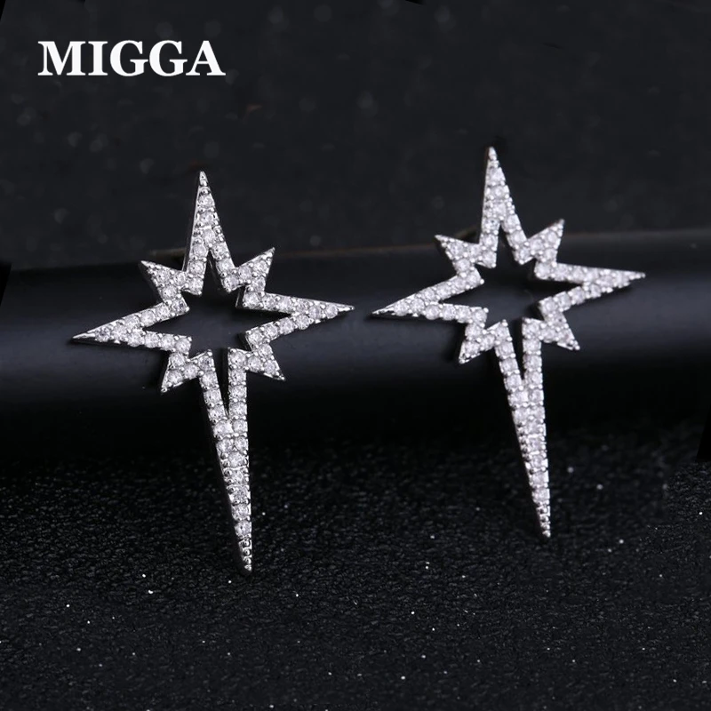 

MIGGA Brand New Design Large Star Cubic Zirconia Earrings White Gold Color Punk Stud Earrings for Women