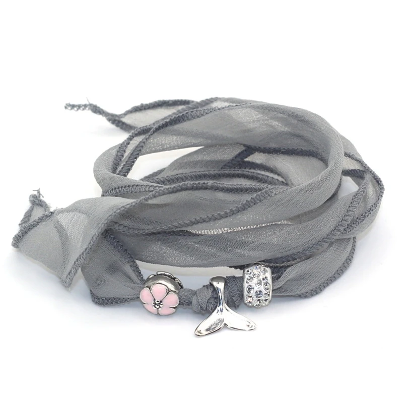 

New Arrival 10 Colors Sari Silk Ribbon Wrap Yoga Whale Tail Pink Flower Charm and Crystal Disco Ball Fashion Women Bracelet