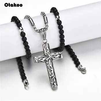 

Otakoo Good handmade rosary beaded Jesus CROSS Stainless Steel pendant necklace for men and women free shipping