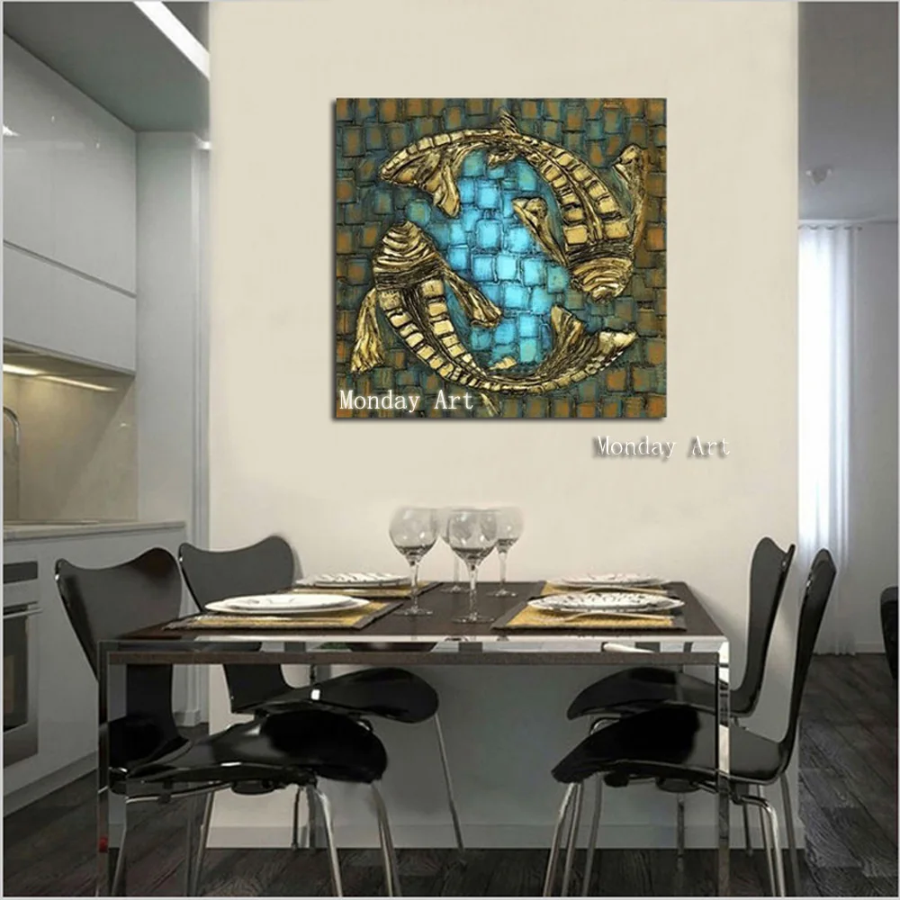 

100% hand painted newest style animal oil painting on canvas modern abstract two golden fish retro oil painting for living room