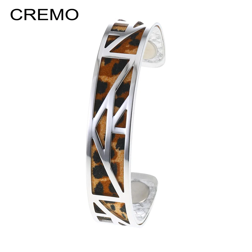 

Cremo Stainless Steel Jewelry Leopard Print Leather Cuff Bangles For Women Bijoux Argent Interchangeable Reversible Pulseiras