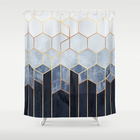 Tecido de Poliéster Cortina de Chuveiro à Prova Cortina de Chuveiro Macio Azul Hexágonos Água Decorativos 12 8 Tamanhos Ganchos d’
