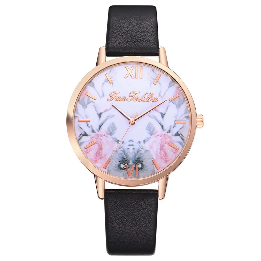 Личи ремешок цветок циферблат кварцевые часы женские кожаные Наручные часы простые круглые кварцевые часы девушки платье часы