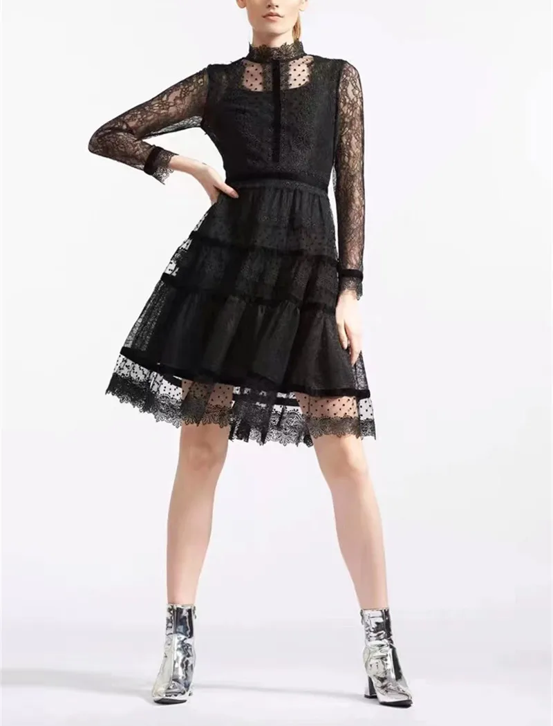 

High-end Custom 2019 Spring Lady Temperament Commuter Lace Screen Yarn Stitching Black Waist Skinny Black Dress Women