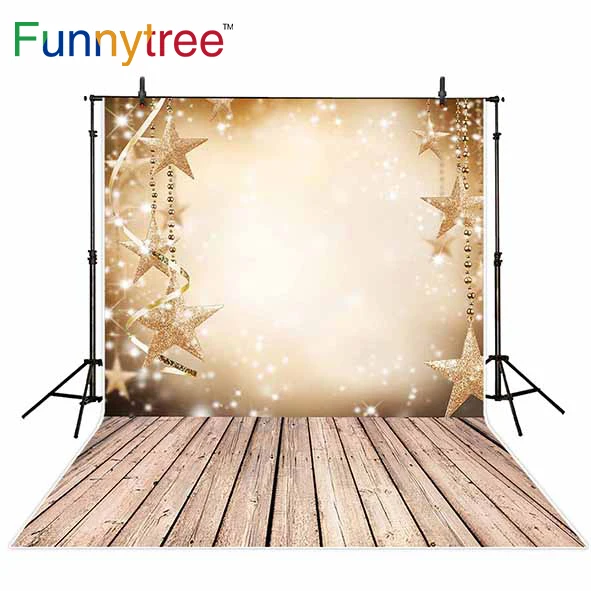 

Funnytree photography background Christmas decoration stars halo bokeh wood floor professional backdrop photocall photobooth