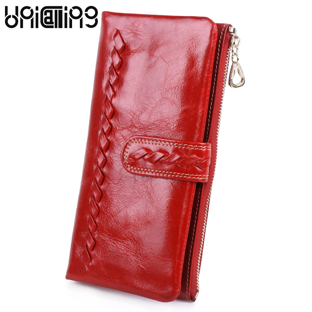 

European and American Style zipper hasp Oil Wax Cowhide women wallets Small fresh weave solid color soft Long Lady Wallet