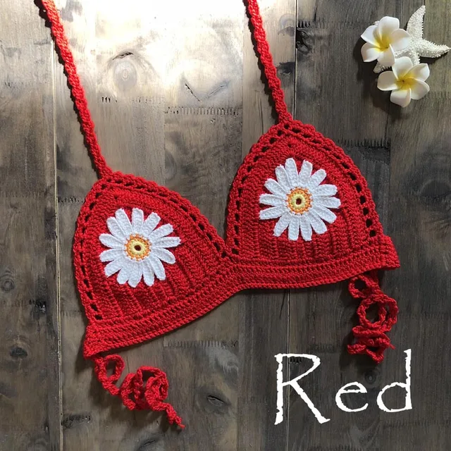 9 Color 2019 Sexy Bikini Top Women's Halter Neck Crop Top V Knit Crochet Cami Summer Fashion Bikini Lace Crochet Hollow Out Bra red