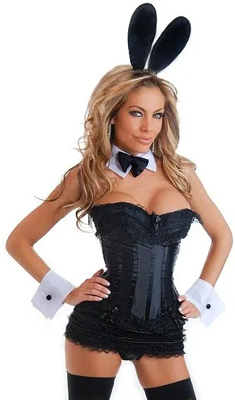 

Vocole 6 PC Women's Sexy Black Tuxedo Rabbit Bunny Corset Costume + Bunny Accessories Size S-XXL