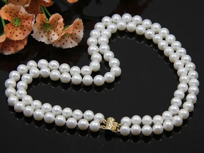 

F6734EE FREE shipping>>>>>s114 real gift 2 rows AA 9-10mm white pink Fresh water cultured pearl necklace 6.07 6.8 6.09
