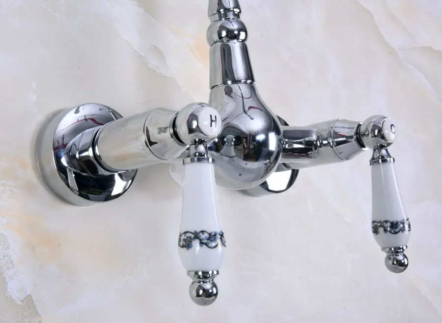 Polished Chrome Brass Wall Mounted Double Ceramic Handles Levers Bathroom Kitchen Sink Faucet Mixer Tap Swivel Spout anf958