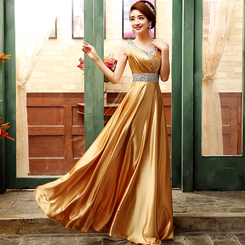 

New Women Gorgeous Host Dress Elegant Gold noble Banquet Dress Long Paragraph Deep V collar Sexy Fashion dresses Vestidos WZ637