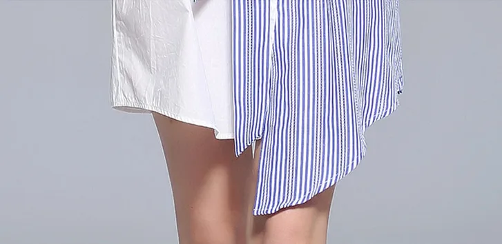SWEETXUE Summer Women New Fashion Party Elegant Stitching Striped Irregular Shirt Dress Bow Tie Loose Large Plus Size Dresses