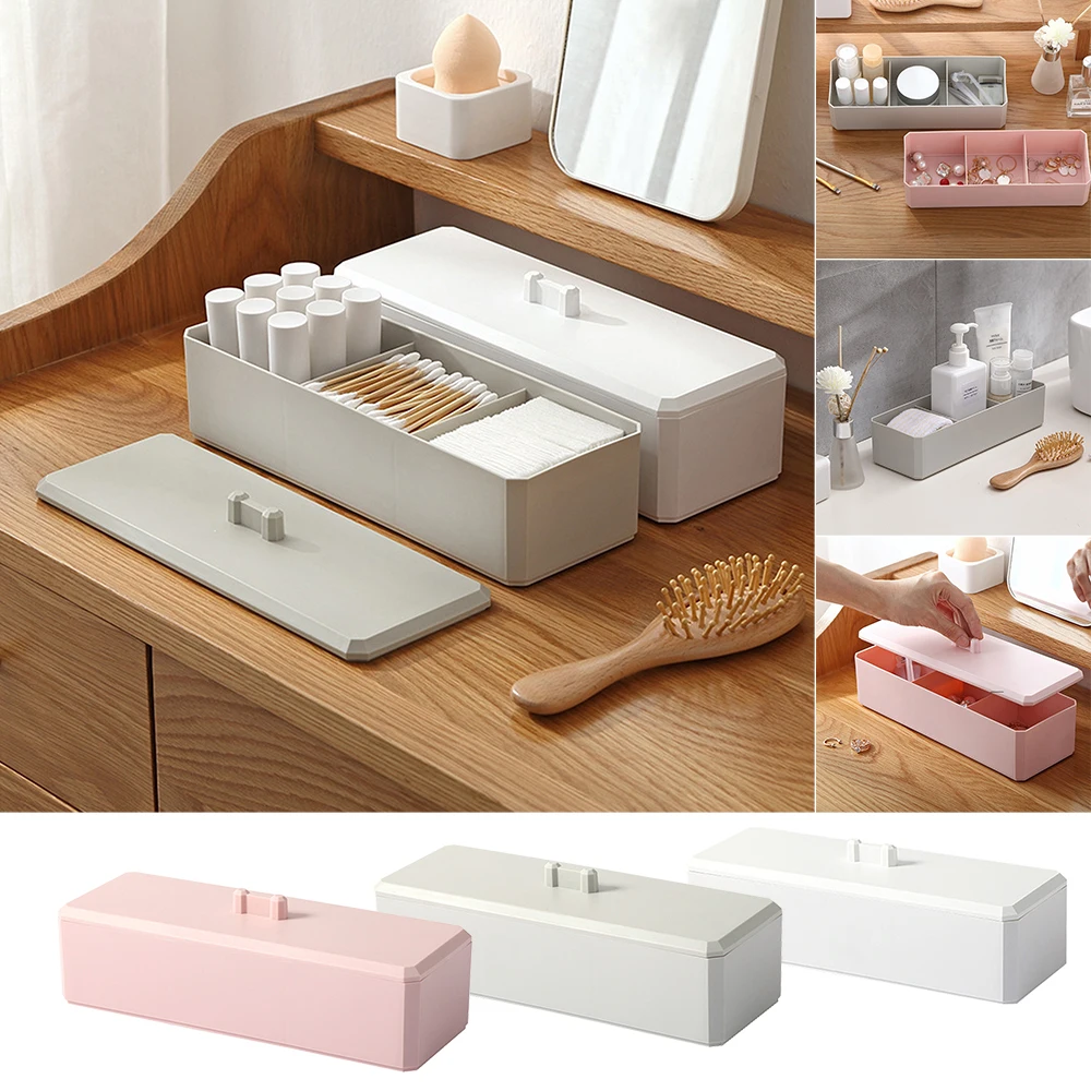 

1PC Plastic Cosmetic Storage Makeup Tools Organizer Box 3 Grids Storage Holders With Lid Multifunctional Desktop Cosmetics Case