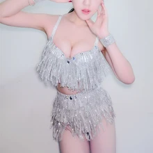 Сексуальный Серебряный танцевальный костюм для певцов, Женская Блестящая бахрома, Dj Rave одежда для ночного клуба, Ds Gogo, одежда для выступлений на шесте DC1528