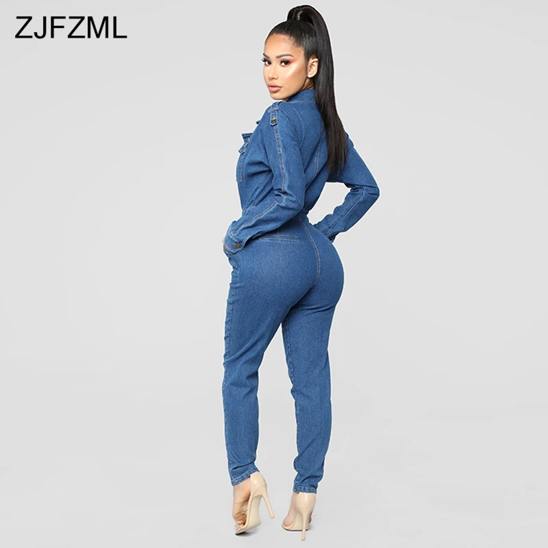 Turn-Down Collar Sexy Denim Jumpsuit 2018 Women Blue Deep V Neck Long Sleeve One Piece Overall Vintage Ladies Pockets Bodysuits 