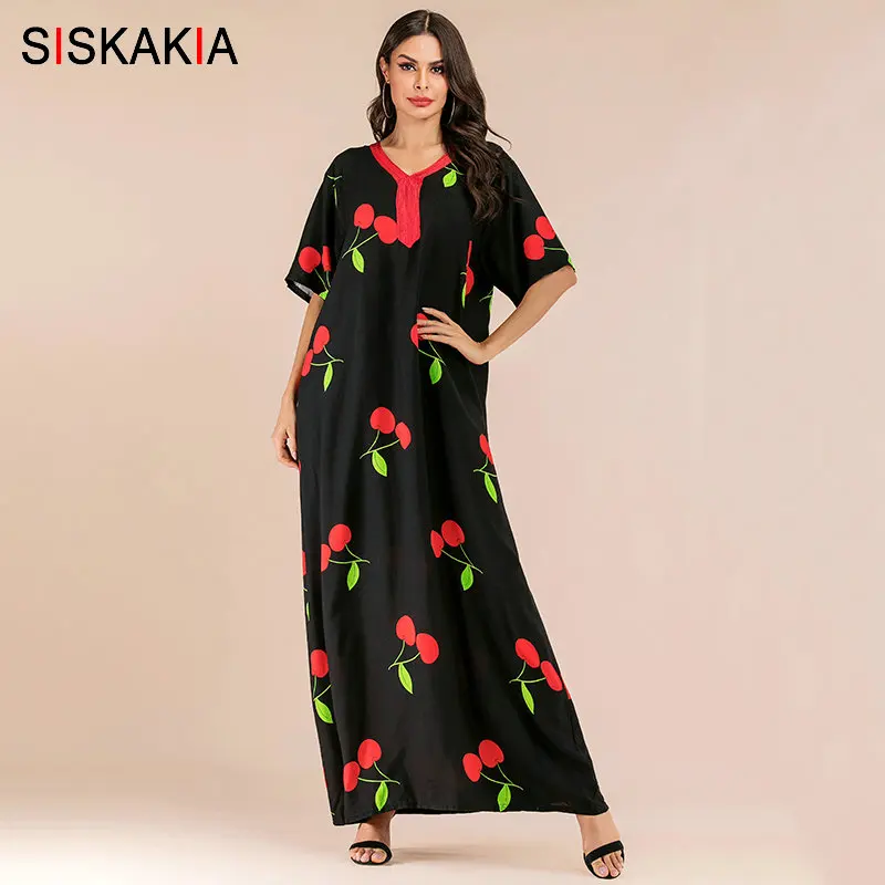 

Siskakia Loose Plus Size Casual Maxi Long Dress Black Cherry Printing Women Dresses Summer 2019 Holiday Ribbon Embroidery V Neck