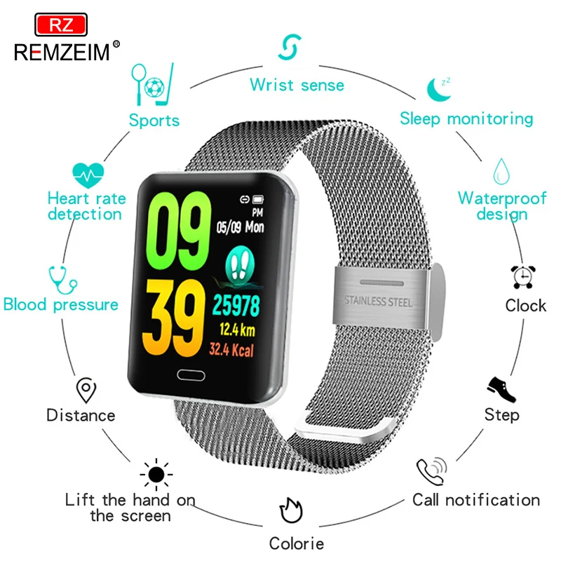 

REMZEIM Smart Watch Men Waterproof Dynamic Blood Oxygen Pressure Pedometer Fitness Tracker Heart Rate Square Smartwatch