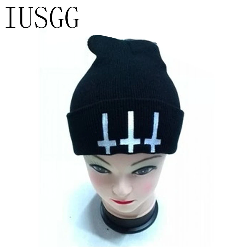 

Satan Evil Devil Demon Winter Casual Beanies Wool Caps Knitted Hats Gorros Bonnets Embroid Cross Black Skullies Unisex 2017