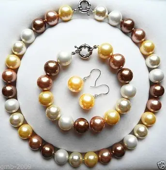 

Women Gift word Love women Fashion Jewelry 14mm Natural Multicolor Akoya Shell Pearl Necklace Bracelet Earrings Set