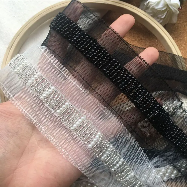 Mesh beaded good quality hand sewn lace clothing trim Heavy work lace DIY wedding shoulder strap belt dress accessories