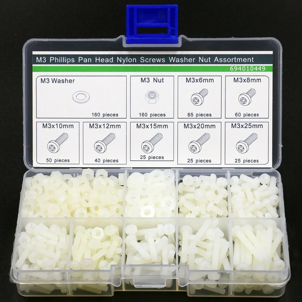 600pcs M3 Cross Cylinder Cap Nylon Screw Nut Washer Assortment Kit