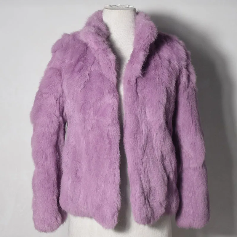 Высококачественное пальто из натурального меха, модные меховые пальто из натурального кролика, элегантная женская зимняя верхняя одежда с воротником-стойкой, куртка из кроличьего меха - Цвет: Light purple button